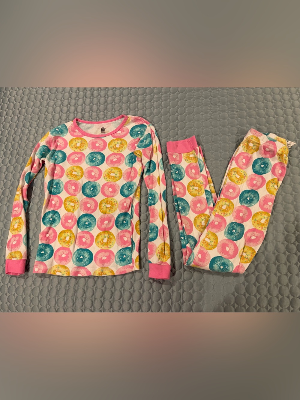 Petit Lem Pink, Teal & Yellow Donut Print Pajama Set Sz 10 Cotton Blend Long